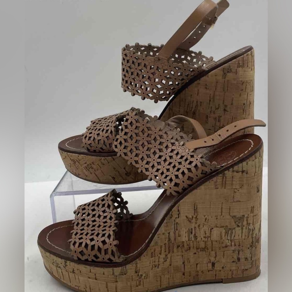 Tory Burch Beige Leather Wedge Ankle Strap Heel Sandals